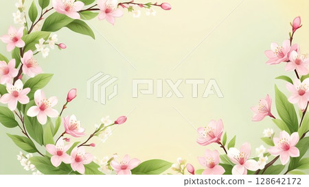 水彩春天框架|櫻花葉與花裝飾設計 128642172