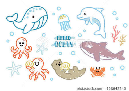 A set of crayon illustrations of sea creatures 128642340
