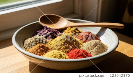 Colorful Spice Blend Assortment with Wooden Spoon on Ceramic Plate 128642370