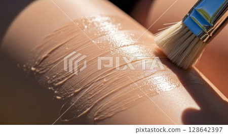 Macro Close Up of Paintbrush Applying Gloss on Smooth Skin Surface with Water Droplets 128642397