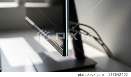 Minimalist Computer Monitor Close Up with Blurred Background and Cables 128642402