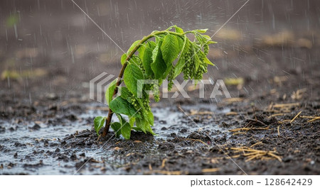 Young Sapling Enduring Heavy Rainfall on Muddy Ground Resilient Green Plant in Stormy Weather 128642429
