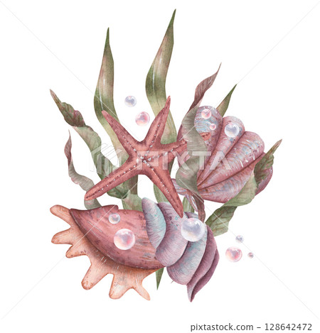 Watercolor kids hand draw set of sea life. Children's illustration with shells, pearl . Hand draw reef for child. Watercolor kids hand draw set of sea life. Children's illustration with shells, pearl . Hand draw reef for child. 128642472