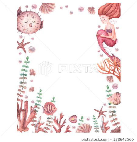 Watercolor wreath, frame of pink mermaid, shells, seaweed, coral, starfish, pearl. Sea life 128642560