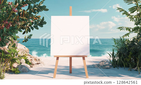 blank white canvas on easel set outdoors on the beach 128642561