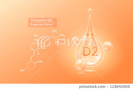 Serum skincare transparent water drops vitamin D2 orange and structure. Moisturizer collagen with molecule glittering and bubbles hyaluronic acid. For ad for beauty cosmetics. Realistic 3d vector. 128642608