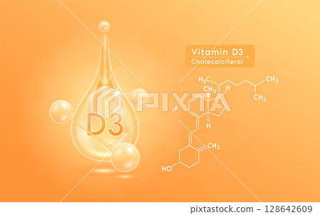 Serum skincare transparent water drops vitamin D3 orange and structure. Moisturizer collagen with molecule glittering and bubbles hyaluronic acid. For ad for beauty cosmetics. Realistic 3d vector. Serum skincare transparent water drops vitamin D3 orange and structure. Moisturizer collagen with molecule glittering and bubbles hyaluronic acid. For ad for beauty cosmetics. Realistic 3d vector. 128642609