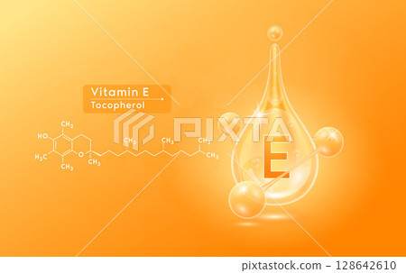 Serum skincare transparent water drops vitamin E orange and structure. Moisturizer collagen with molecule glittering and bubbles hyaluronic acid. For ad for beauty cosmetics. Realistic 3d vector. 128642610
