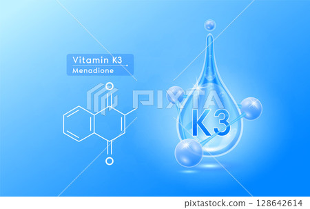 Serum skincare transparent water drops vitamin K3 blue and structure. Moisturizer collagen with molecule glittering and bubbles hyaluronic acid. For ad for beauty cosmetics. Realistic 3d vector. Serum skincare transparent water drops vitamin K3 blue and structure. Moisturizer collagen with molecule glittering and bubbles hyaluronic acid. For ad for beauty cosmetics. Realistic 3d vector. 128642614