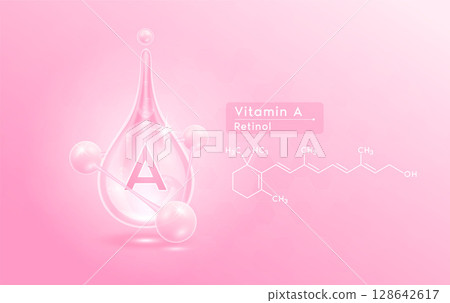 Serum skincare transparent water drops vitamin A pink green and structure. Moisturizer collagen with molecule glittering and bubbles hyaluronic acid. For ad for beauty cosmetics. Realistic 3d vector. Serum skincare transparent water drops vitamin A pink green and structure. Moisturizer collagen with molecule glittering and bubbles hyaluronic acid. For ad for beauty cosmetics. Realistic 3d vector. 128642617