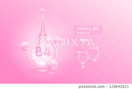 Serum skincare transparent water drops vitamin B4 pink and structure. Moisturizer collagen with molecule glittering and bubbles hyaluronic acid. For ad for beauty cosmetics. Realistic 3d vector. 128642621