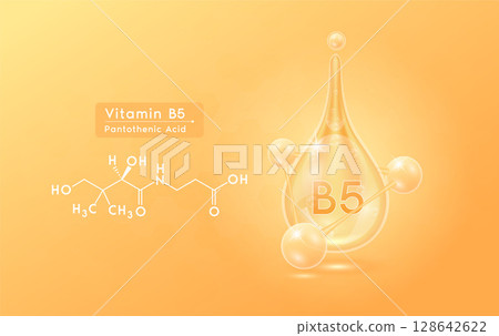 Serum skincare transparent water drops vitamin B5 orange and structure. Moisturizer collagen with molecule glittering and bubbles hyaluronic acid. For ad for beauty cosmetics. Realistic 3d vector. Serum skincare transparent water drops vitamin B5 orange and structure. Moisturizer collagen with molecule glittering and bubbles hyaluronic acid. For ad for beauty cosmetics. Realistic 3d vector. 128642622