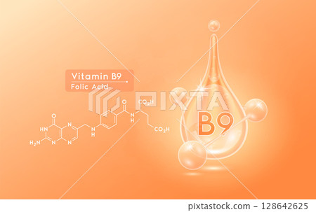 Serum skincare transparent water drops vitamin B9 orange and structure. Moisturizer collagen with molecule glittering and bubbles hyaluronic acid. For ad for beauty cosmetics. Realistic 3d vector. Serum skincare transparent water drops vitamin B9 orange and structure. Moisturizer collagen with molecule glittering and bubbles hyaluronic acid. For ad for beauty cosmetics. Realistic 3d vector. 128642625