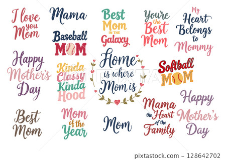 Mother's Day lettering design set. Hand written colorful typography vector fonts. 128642702