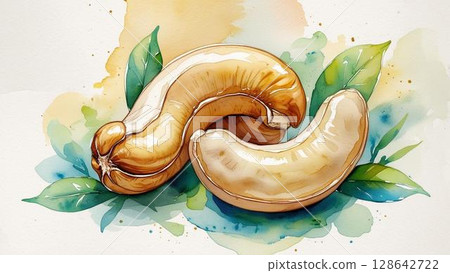 Illustration of cashew nuts painted in watercolor 128642722