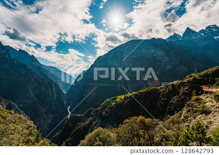 Sunlit mountain walkway overlooking deep gorge in Balagezong, Shangri-La, China Sunlit mountain walkway overlooking deep gorge in Balagezong, Shangri-La, China 128642793
