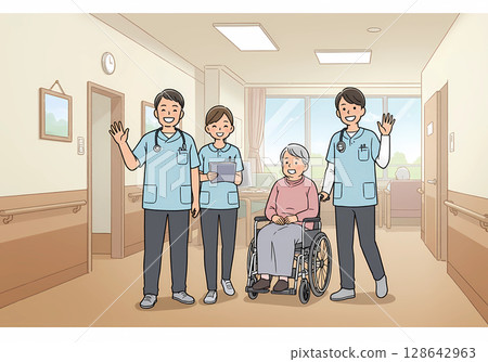 Smiling and waving care team and an elderly person in a wheelchair Smiling and waving care team and an elderly person in a wheelchair 128642963