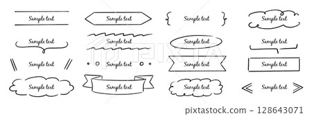 Text box hand drawn banner, frame set. Hand style brush stroke, rustic banner, cute tag, label, ornament and highlight. Graphic text shape, headline badge decoration elements. Vector 128643071