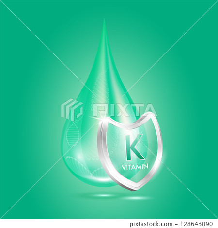 Drop vitamin K green and glass shield transparent reflection shining. Protection the body stay healthy. For skincare cosmetics, nutrition products food. Medical concepts. 3D vector. Drop vitamin K green and glass shield transparent reflection shining. Protection the body stay healthy. For skincare cosmetics, nutrition products food. Medical concepts. 3D vector. 128643090