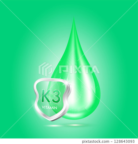 Drop vitamin K3 green and glass shield transparent reflection shining. Protection the body stay healthy. For skincare cosmetics, nutrition products food. Medical concepts. 3D vector. Drop vitamin K3 green and glass shield transparent reflection shining. Protection the body stay healthy. For skincare cosmetics, nutrition products food. Medical concepts. 3D vector. 128643093