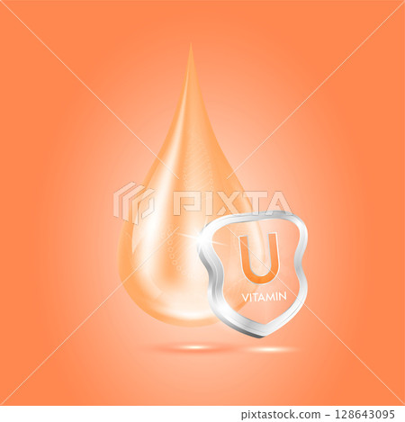 Drop vitamin U orange and glass shield transparent reflection shining. Protection the body stay healthy. For skincare cosmetics, nutrition products food. Medical concepts. 3D vector. Drop vitamin U orange and glass shield transparent reflection shining. Protection the body stay healthy. For skincare cosmetics, nutrition products food. Medical concepts. 3D vector. 128643095