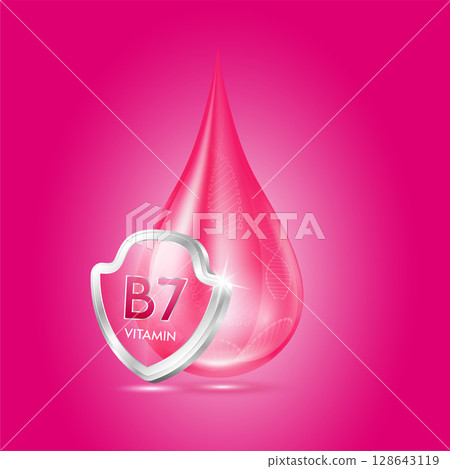 Drop vitamin B7 purple and glass shield transparent reflection shining. Protection the body stay healthy. For skincare cosmetics, nutrition products food. Medical concepts. 3D vector. 128643119