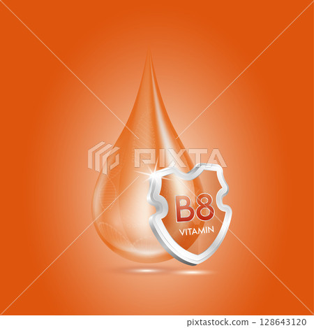 Drop vitamin B8 orange and glass shield transparent reflection shining. Protection the body stay healthy. For skincare cosmetics, nutrition products food. Medical concepts. 3D vector. 128643120