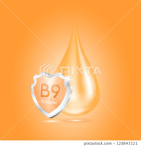 Drop vitamin B9 orange and glass shield transparent reflection shining. Protection the body stay healthy. For skincare cosmetics, nutrition products food. Medical concepts. 3D vector. 128643121