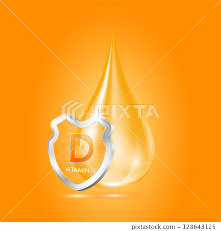 Drop vitamin D orange and glass shield transparent reflection shining. Protection the body stay healthy. For skincare cosmetics, nutrition products food. Medical concepts. 3D vector. Drop vitamin D orange and glass shield transparent reflection shining. Protection the body stay healthy. For skincare cosmetics, nutrition products food. Medical concepts. 3D vector. 128643125
