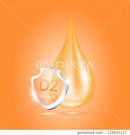 Drop vitamin D2 orange and glass shield transparent reflection shining. Protection the body stay healthy. For skincare cosmetics, nutrition products food. Medical concepts. 3D vector. 128643127