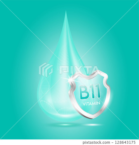 Drop vitamin B11 blue and glass shield transparent reflection shining. Protection the body stay healthy. For skincare cosmetics, nutrition products food. Medical concepts. 3D vector. Drop vitamin B11 blue and glass shield transparent reflection shining. Protection the body stay healthy. For skincare cosmetics, nutrition products food. Medical concepts. 3D vector. 128643175