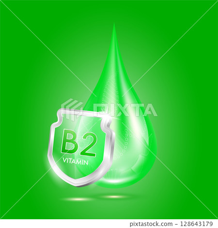 Drop vitamin B2 green and glass shield transparent reflection shining. Protection the body stay healthy. For skincare cosmetics, nutrition products food. Medical concepts. 3D vector. 128643179