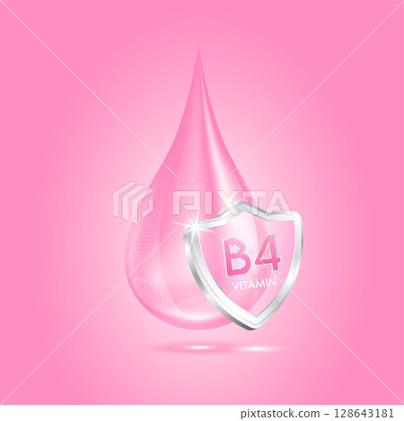 Drop vitamin B4 pink and glass shield transparent reflection shining. Protection the body stay healthy. For skincare cosmetics, nutrition products food. Medical concepts. 3D vector. 128643181