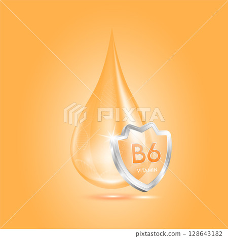 Drop vitamin B6 orange and glass shield transparent reflection shining. Protection the body stay healthy. For skincare cosmetics, nutrition products food. Medical concepts. 3D vector. 128643182