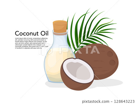 Coconut with coconut oil in glass bottle stock illustration Coconut with coconut oil in glass bottle stock illustration 128643223