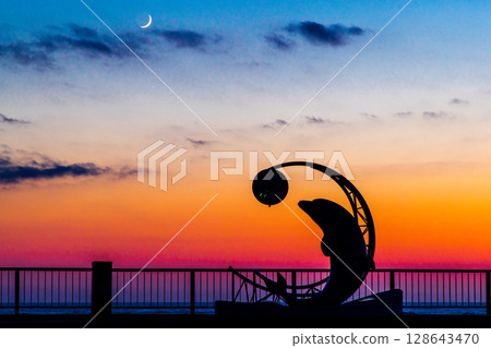 [Hokkaido_Wakkanai_Cape Noshappu] Sunset Noshappu Crescent moon and dolphins July 128643470