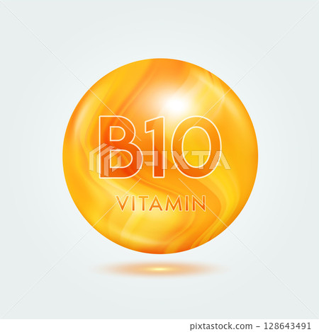Vitamin B10 ball orange golden. Beauty nutrition skincare. Vitamins complex isolated on gray background. For product design. Medical and scientific concepts. Icon 3D Vector EPS10. 128643491