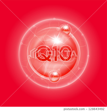 Red coenzyme Q10. Vitamins complex and bubble collagen serum chemical formula. For food supplement design and beauty treatment skin care. Medical and scientific concepts. 3D Vector EPS10. 128643492