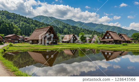 夏日里，白川鄉合掌屋倒映在稻田中 128643566