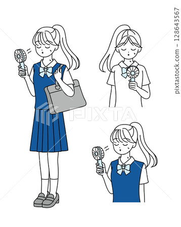 一組拿著方便扇子的女學生插圖 128643567