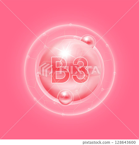 Pink vitamin B3. Vitamins complex and bubble collagen serum chemical formula. For food supplement design and beauty treatment skin care. Medical and scientific concepts. 3D Vector EPS10. 128643600