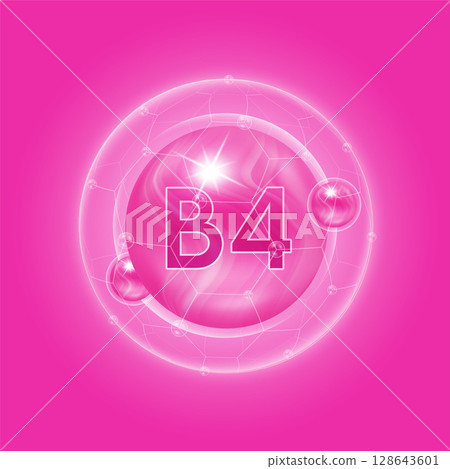 Pink vitamin B4. Vitamins complex and bubble collagen serum chemical formula. For food supplement design and beauty treatment skin care. Medical and scientific concepts. 3D Vector EPS10. Pink vitamin B4. Vitamins complex and bubble collagen serum chemical formula. For food supplement design and beauty treatment skin care. Medical and scientific concepts. 3D Vector EPS10. 128643601