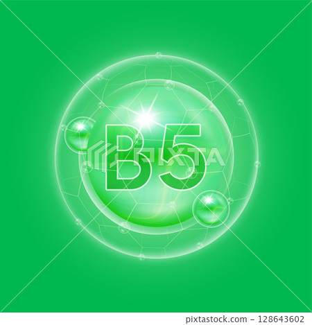 Green vitamin B5. Vitamins complex and bubble collagen serum chemical formula. For food supplement design and beauty treatment skin care. Medical and scientific concepts. 3D Vector EPS10. Green vitamin B5. Vitamins complex and bubble collagen serum chemical formula. For food supplement design and beauty treatment skin care. Medical and scientific concepts. 3D Vector EPS10. 128643602