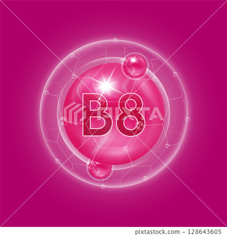Purple vitamin B8. Vitamins complex and bubble collagen serum chemical formula. For food supplement design and beauty treatment skin care. Medical and scientific concepts. 3D Vector EPS10. Purple vitamin B8. Vitamins complex and bubble collagen serum chemical formula. For food supplement design and beauty treatment skin care. Medical and scientific concepts. 3D Vector EPS10. 128643605