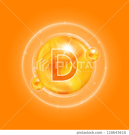 Orange vitamin D. Vitamins complex and bubble collagen serum chemical formula. For food supplement design and beauty treatment skin care. Medical and scientific concepts. 3D Vector EPS10. Orange vitamin D. Vitamins complex and bubble collagen serum chemical formula. For food supplement design and beauty treatment skin care. Medical and scientific concepts. 3D Vector EPS10. 128643618
