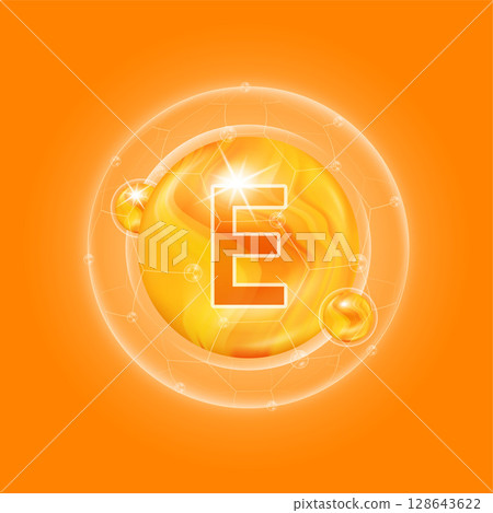Orange vitamin E. Vitamins complex and bubble collagen serum chemical formula. For food supplement design and beauty treatment skin care. Medical and scientific concepts. 3D Vector EPS10. Orange vitamin E. Vitamins complex and bubble collagen serum chemical formula. For food supplement design and beauty treatment skin care. Medical and scientific concepts. 3D Vector EPS10. 128643622
