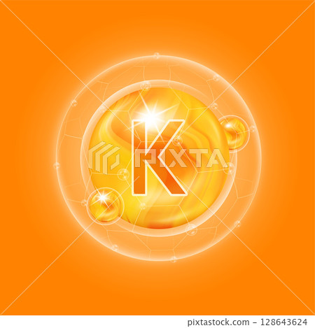 Orange vitamin K. Vitamins complex and bubble collagen serum chemical formula. For food supplement design and beauty treatment skin care. Medical and scientific concepts. 3D Vector EPS10. Orange vitamin K. Vitamins complex and bubble collagen serum chemical formula. For food supplement design and beauty treatment skin care. Medical and scientific concepts. 3D Vector EPS10. 128643624