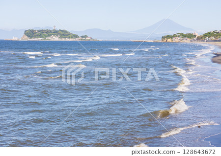 Mt. Fuji, Enoshima and the sea in summer as seen from Shichirigahama, Shonan 128643672