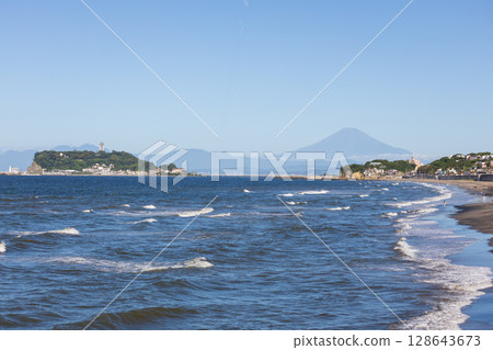 Mt. Fuji, Enoshima and the sea in summer as seen from Shichirigahama, Shonan Mt. Fuji, Enoshima and the sea in summer as seen from Shichirigahama, Shonan 128643673