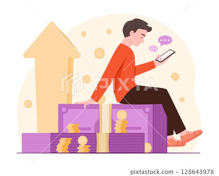 Man Sitting on Cash Money Bundle and Checking Account Balance on Mobile Phone for Financial Savings and Banking Concept Illustration Man Sitting on Cash Money Bundle and Checking Account Balance on Mobile Phone for Financial Savings and Banking Concept Illustration 128643978